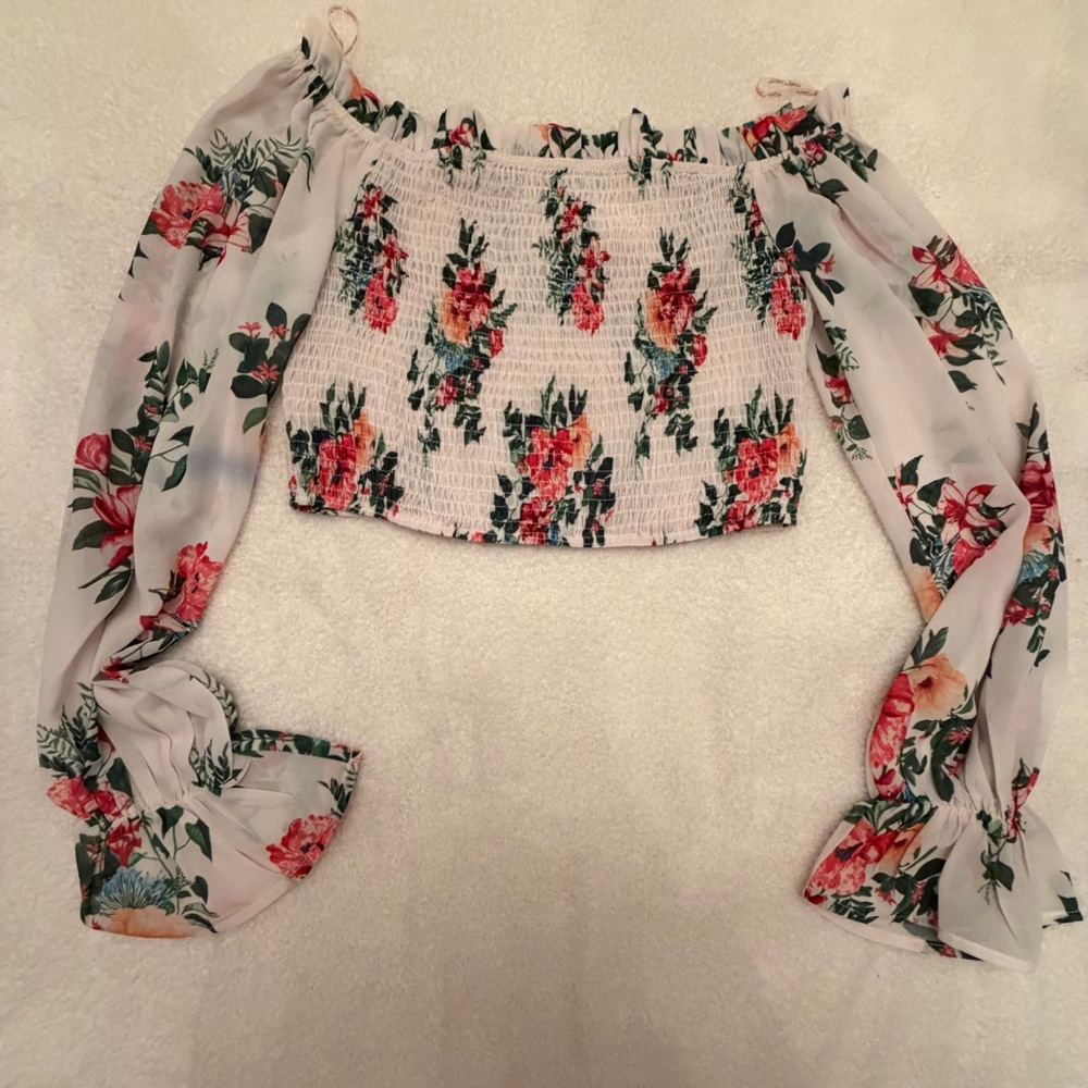 Flying Tomato White Off-Shoulder Smocked Crop Top with Pink Floral